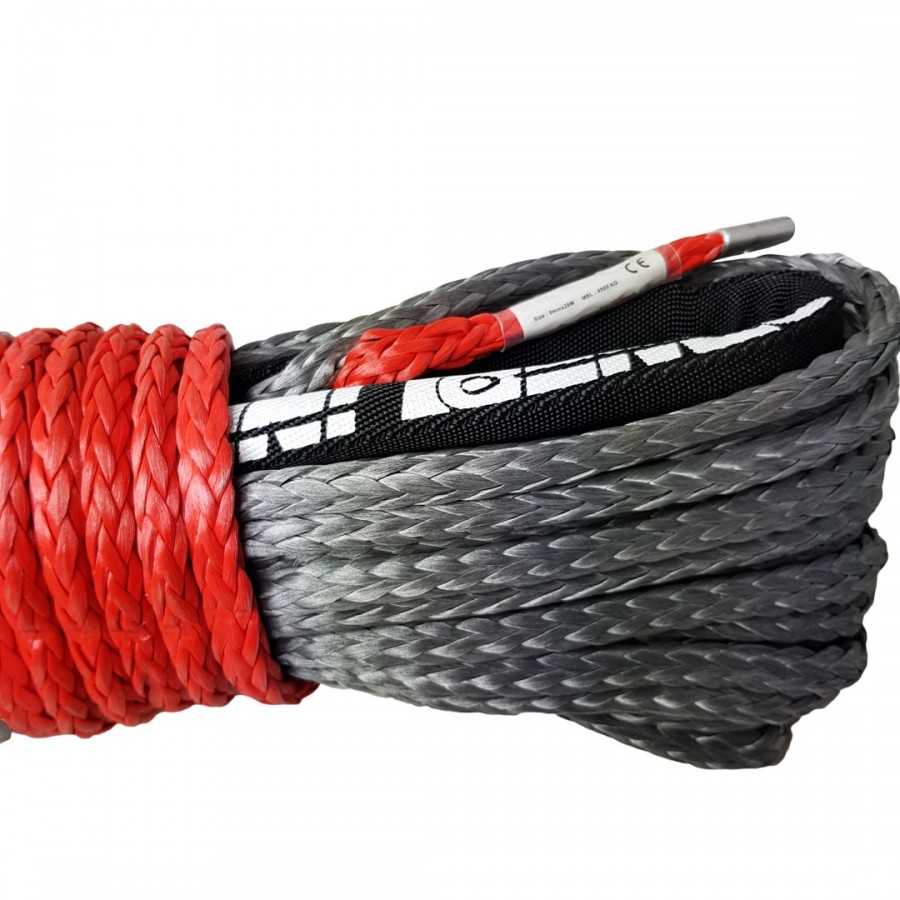 Grey synthetic rope 9 mm x 28 m. with thimble and hook MBL 8.5T