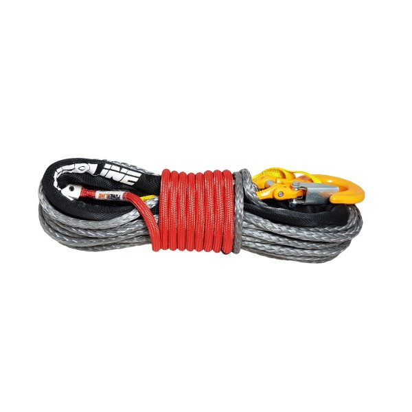 Lina syntetyczna 10 mm x 28 m, Grey z kauszą rurkową i hakiem, MBL  10.5T, osłona termiczna Technora RED